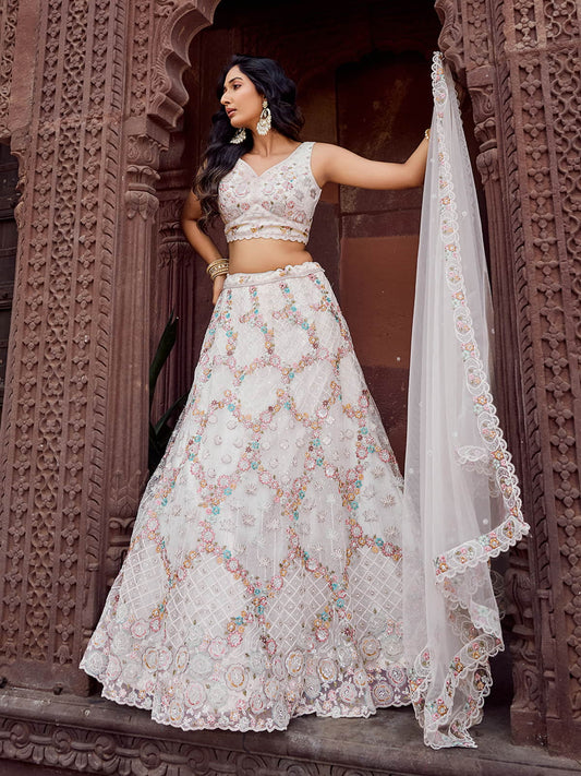 Cream  Net Fabric Sequins embroidery Semi Stitched Lehenga & Unstitched Blouse With Dupatta