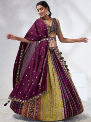 Burgundy Chiffon Position print with Sequins embroidery Semi-Stitched Lehenga choli and Dupatta