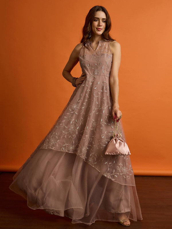 Embroidered V-Neck Gown Ethnic Dresses