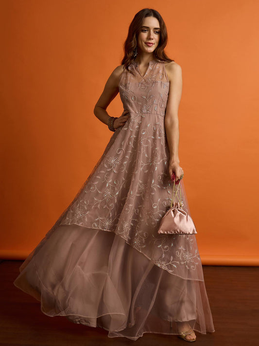 Embroidered V-Neck Gown Ethnic Dresses
