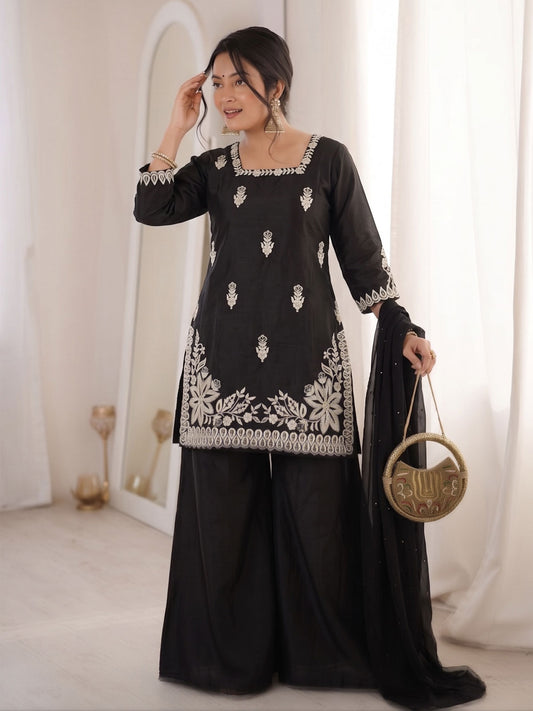 Black Designer Roman Silk Embroiderd Palazzo Suit