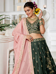 Olive colour Chiffon Sequinse embroidery Semi-Stitched Lehenga choli and Dupatta