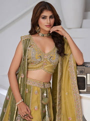 Mustard & Green Double Dupatta Lehenga with Intricate Zari and Resham Work