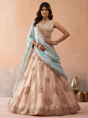 Peach  Tissue Sequinned and Zari Embroidered Semi Stitched Lehenga and Unstitched Blouse With Dupatta