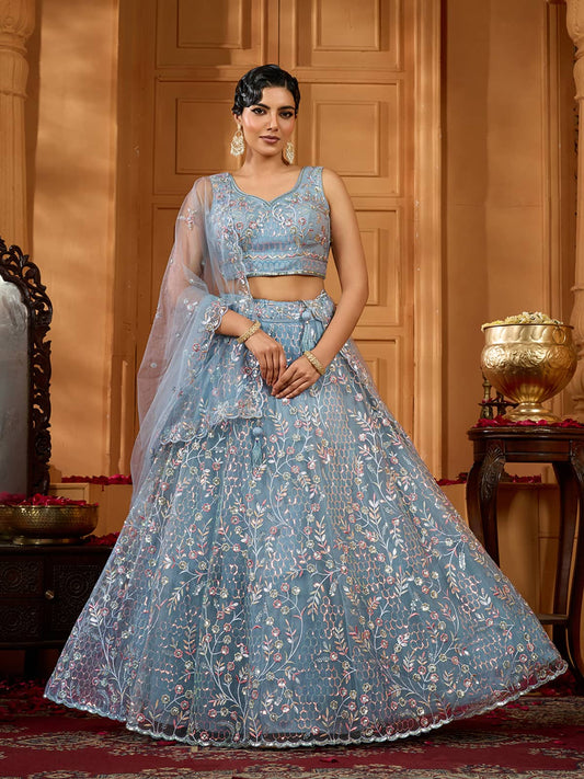 Grey Net Fabric Sequins embroidery Semi-Stitched Lehenga & Unstitched Blouse With Dupatta
