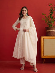 Women Floral Embroidered Regular Thread Work Pure Cotton Kurta & Trousers & Dupatta