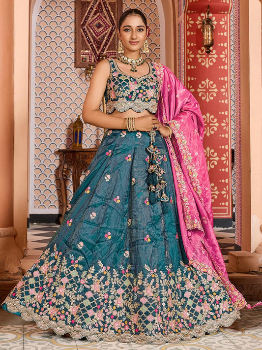 Teal  Tissue Fabric Sequins embroidery Semi Stitched Lehenga & Unstitched Blouse With Dupatta