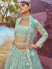 Sea green Organza Sequins embroidery Semi-Stitched Lehenga choli & Dupatta