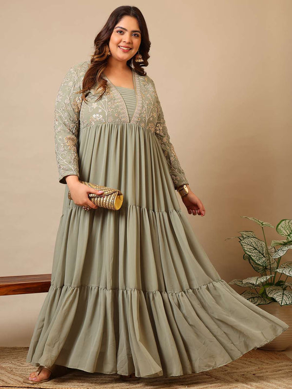 Embroidered V-Neck Fit & Flare Ethnic Dresses