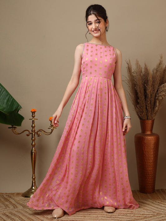 Girls Embroidered Round Neck Ethnic Dress