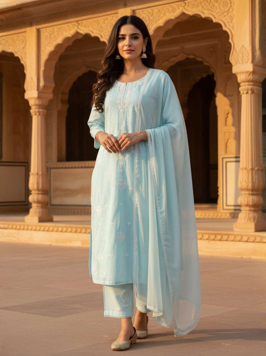 Women Ethnic Motifs Embroidered Regular Thread Work Pure Cotton Kurta with Trousers & Dupatta