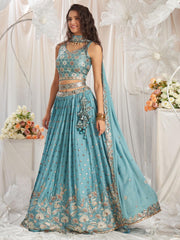 Turquoise blue Georgette Sequin embroidery Semi Stitched Lehenga choli and Dupatta