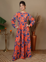 Girl Floral Paisley Printed Pleated Ethnic Dress