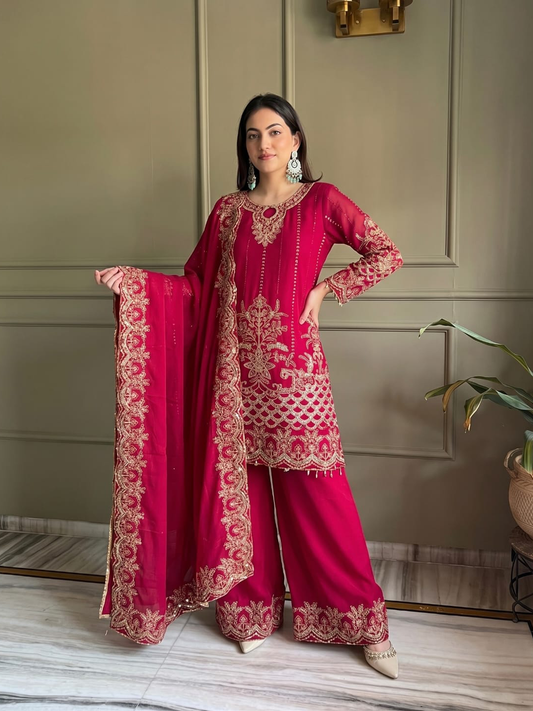 Magenta Georgette Embroiderd Palazzo Suit