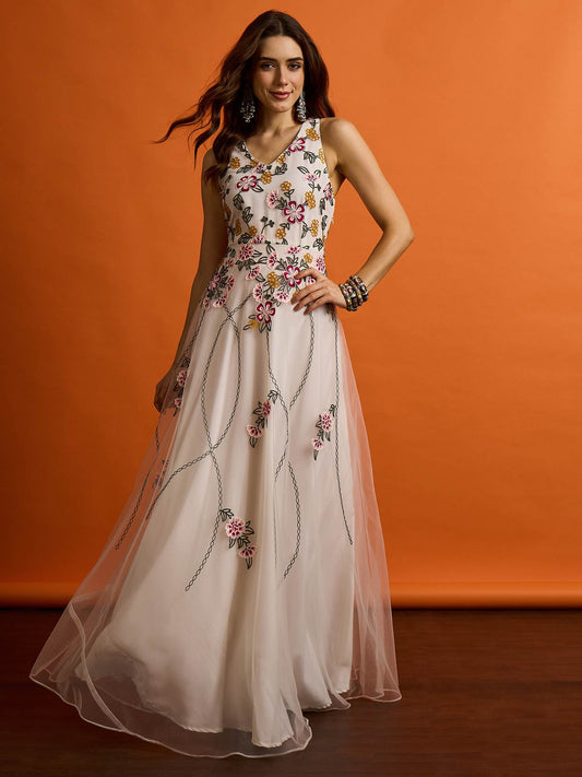 Embroidered V-Neck A-Line Maxi Dress