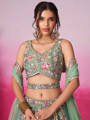 Sea green Bridel Net Moti, Sequins embroidery Semi-Stitched Bridel Lehenga choli and Dupatta