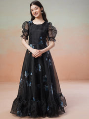 Girls Floral Printed Puff Sleeves Organza Maxi Ethnic Dress