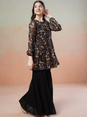 Girls Black Floral Printed Round Neck Empire Satin Kurta with Sharara