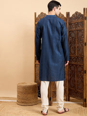 Navy Blue Striped Embroidered Mandarin Collar Straight Kurta