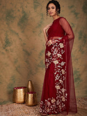 Maroon Sequinned Detailed Net Saree