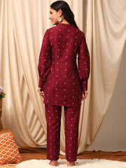 Maroon Woven Design Top With Trousers Co-Ords