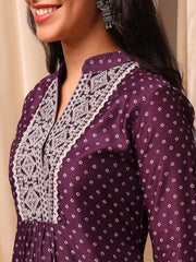 Maroon Bandhani Printed Mandarin Collar Thread Work A-Line Kurta