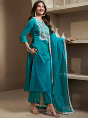 Amyra Dastur Turquoise Floral Yoke Design Thread Work Pure Silk Straight Kurta with Trousers & Dupatta