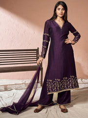 Floral Embroidered Thread Work Straight Kurta With Palazzos & Dupatta