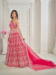 Pink Embroidered Net Semi-Stitched Lehenga & Unstitched Blouse With Dupatta