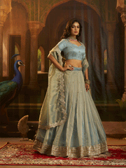 Sequins Work Art Silk Cyan Wedding Wear Lehenga Choli