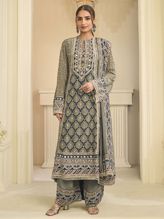 Olive Grey Crepe Silk Aari Gota Patti Printed Palazzo Suit