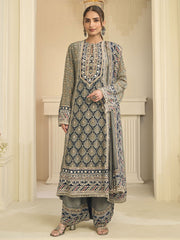 Olive Grey Crepe Silk Aari Gota Patti Printed Palazzo Suit