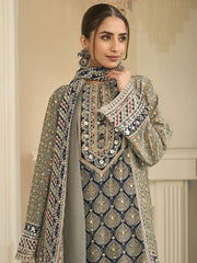 Olive Grey Crepe Silk Aari Gota Patti Printed Palazzo Suit