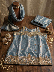 Sky Blue Tora Silk Hand Work Palazzo Style Kurta Set