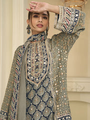 Olive Grey Crepe Silk Aari Gota Patti Printed Palazzo Suit