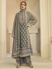 Olive Grey Crepe Silk Aari Gota Patti Printed Palazzo Suit
