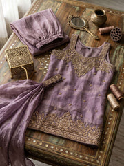 Mauve Tora Silk Hand Work Palazzo Style Kurta Set