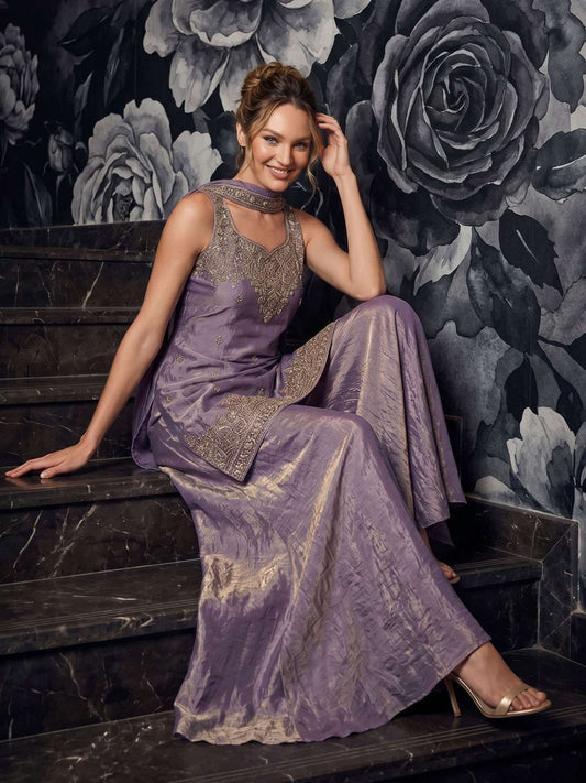 Mauve Tora Silk Hand Work Palazzo Style Kurta Set