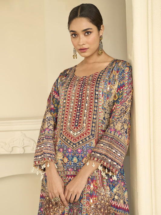 Blue Crepe Silk Aari Gota Printed Beads Palazzo Suit