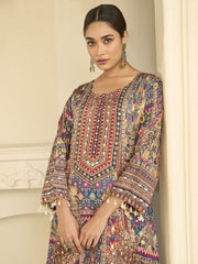 Blue Crepe Silk Aari Gota Printed Beads Palazzo Suit