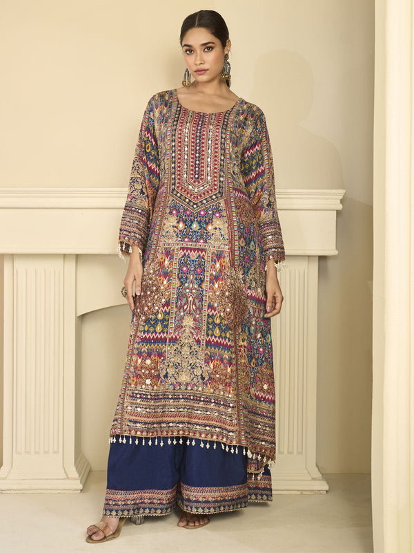Blue Crepe Silk Aari Gota Printed Beads Palazzo Suit