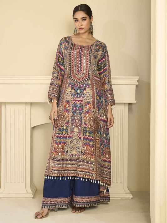 Blue Crepe Silk Aari Gota Printed Beads Palazzo Suit