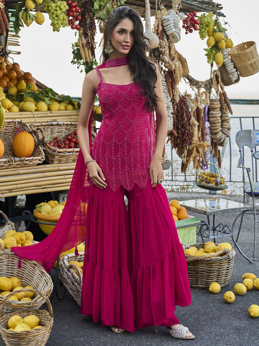 Magenta Pink Embroidery Georgette Gharara Suit