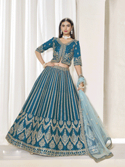 Trendy Teal Blue Art Silk Bridal Lehenga Choli with Heavy Golden Embroidery and Net Dupatta