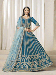 Trendy Teal Blue Art Silk Bridal Lehenga Choli with Heavy Golden Embroidery and Net Dupatta