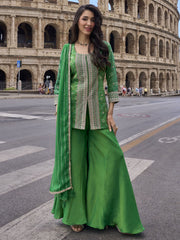 Green Simar Silk Slit Style Plazzo Suit