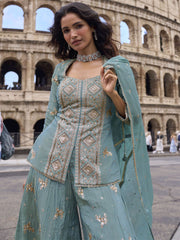 Peacock Blue Simar Silk Slit Style Plazzo Suit