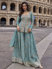 Peacock Blue Simar Silk Slit Style Plazzo Suit