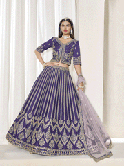 Stunning Purple Art Silk Bridal Lehenga Choli with Heavy Golden Embroidery and Net Dupatta