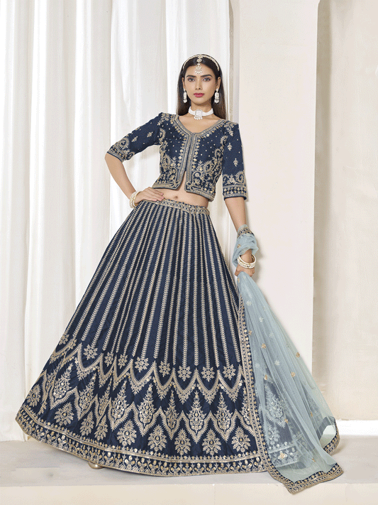 Dashing Navy Blue Art Silk Bridal Lehenga Choli with Heavy Golden Embroidery and Net Dupatta